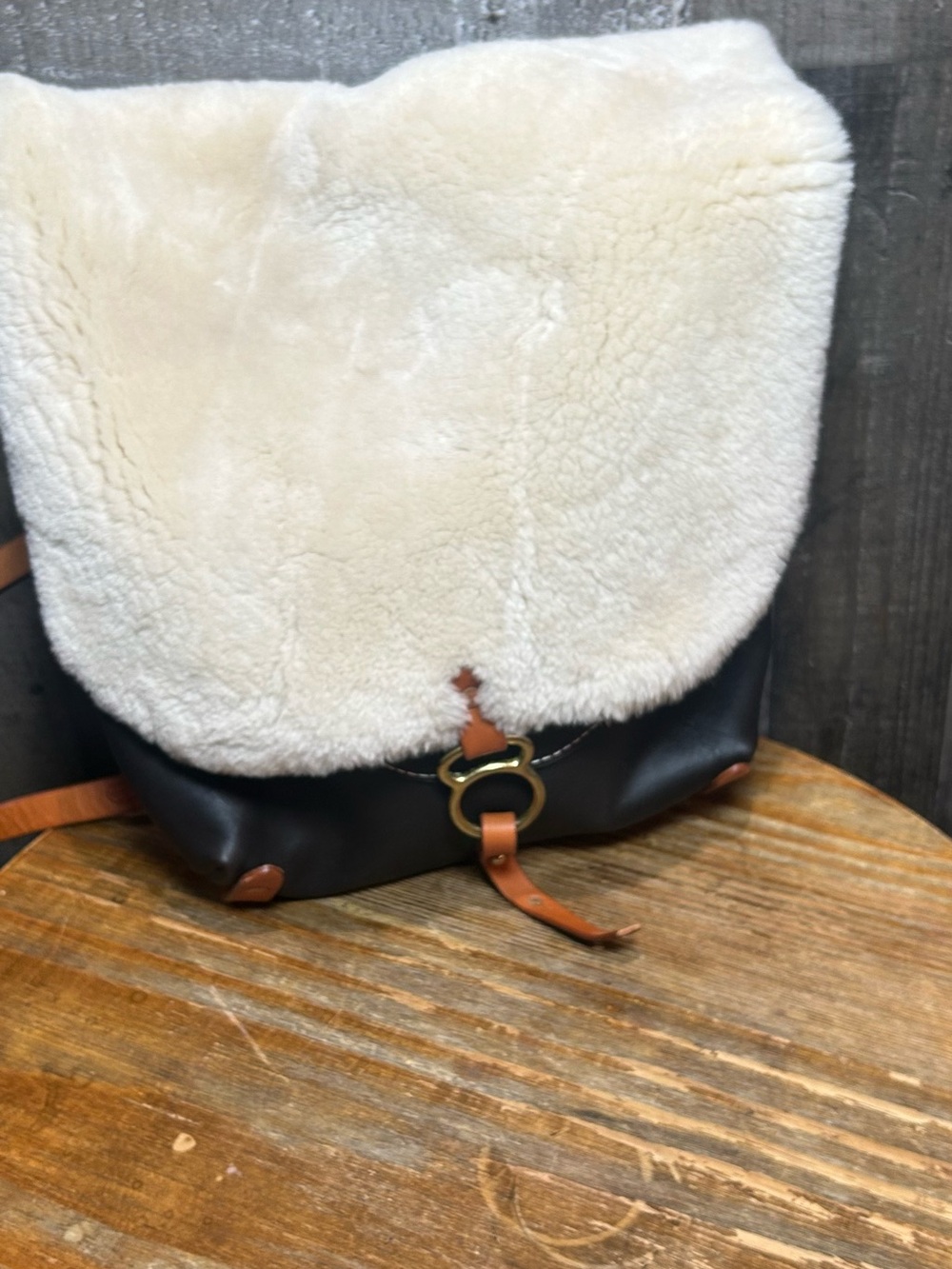 Women’s Cream Shearling Flap Shoulder Bag with Black Body